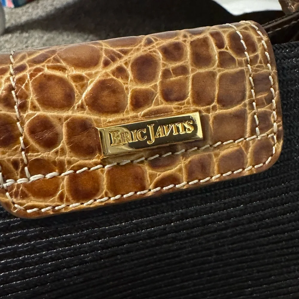 Eric Javits Black Island Tote Bag with Brown Croc-Trim and Gold Hardware - Picture 4 of 12